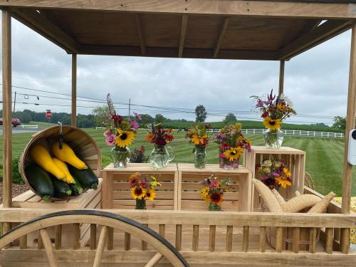 A wooden cart displays colorful flower arrangements and fresh zucchini against a grassy field and cloudy sky.
