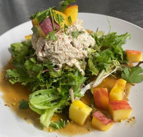 A fresh salad with shredded chicken, peaches, cilantro, and a tangy dressing on a bed of mixed greens.