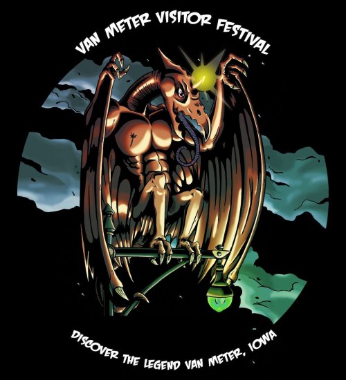 A colorful dragon-like creature perched on a lantern, promoting the Van Meter Visitor Festival in Van Meter, Iowa.
