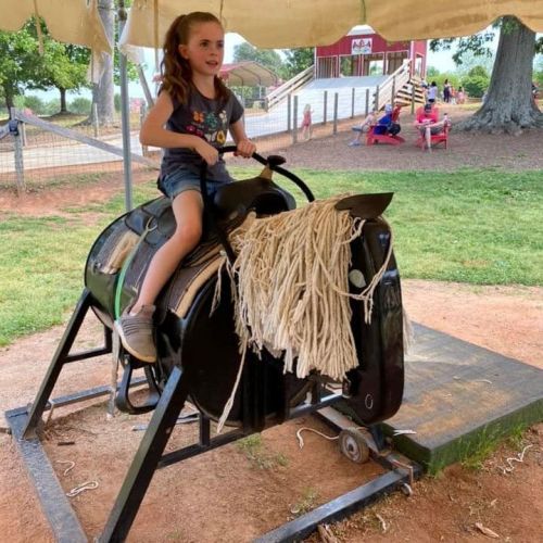 A child sits on a mechanical bull at a playground, smiling as they enjoy the ride under a tent.