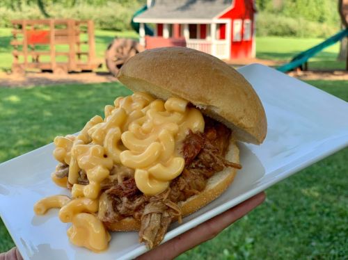 A pulled pork sandwich topped with creamy macaroni and cheese, served on a plate in a grassy outdoor setting.