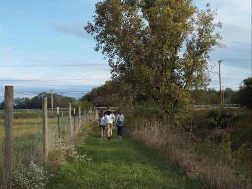 Three people walk along a grassy path beside a fence, with trees and fields in the background under a blue sky.