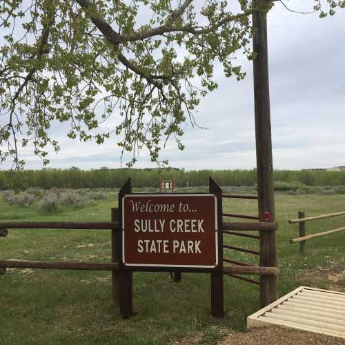 Sign welcoming visitors to Sully Creek State Park, surrounded by greenery and a cloudy sky.