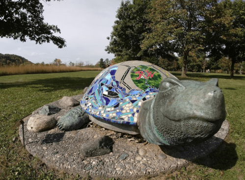 A large mosaic turtle sculpture sits on a stone base in a grassy park, surrounded by trees and open fields.