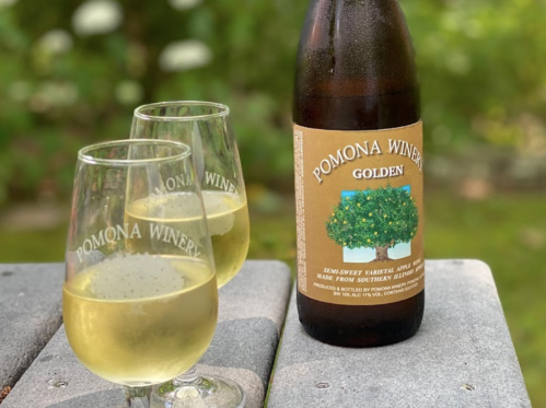 A bottle of Pomona Winery Golden wine with two glasses filled, set on a table in a green outdoor setting.