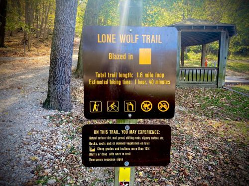 Sign for Lone Wolf Trail, 1.6-mile loop, estimated hiking time 1 hour, 40 minutes, with warnings about trail conditions.