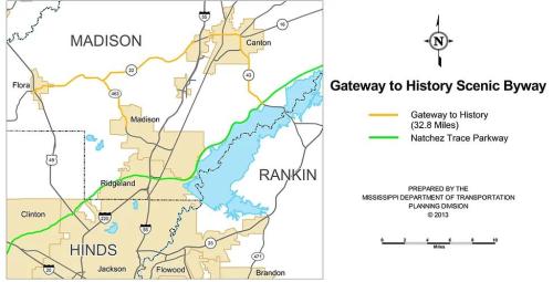 Map showing the Gateway to History Scenic Byway route, highlighting its 32.8 miles through Madison and Hinds counties, Mississippi.