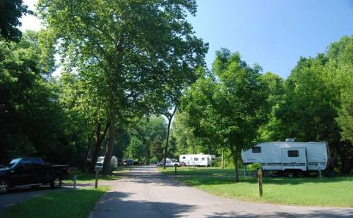 A serene campground with green trees, a paved road, and parked RVs under a clear blue sky.