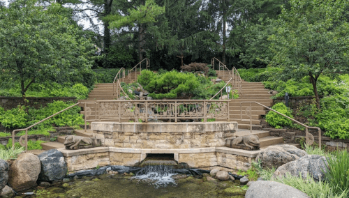 A serene garden with stone steps, lush greenery, and a small water feature at the base.