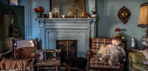 An old, dusty living room with a fireplace, vintage furniture, and a doll sitting on a chair, surrounded by scattered debris.