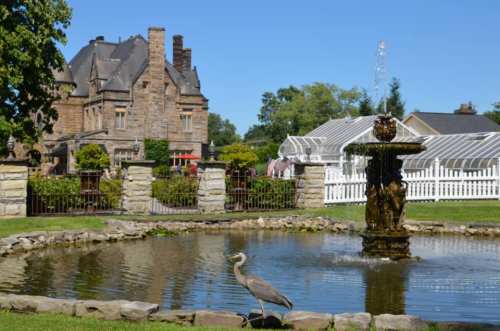 A heron stands by a pond with a fountain, framed by a historic stone mansion and lush greenery in the background.