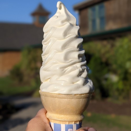A hand holding a large swirl of soft-serve ice cream in a cone, with a blurred background of greenery and a building.