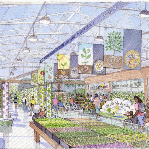 A vibrant indoor market with plants, banners, and shoppers exploring various greenery and gardening supplies.