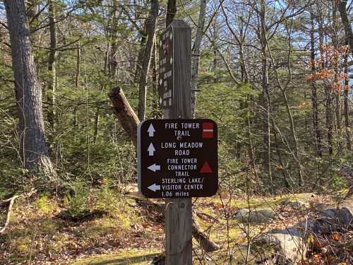 Trail sign in a wooded area, indicating directions for Fire Tower Trail, Long Meadow Road, and Sterling Lake/Visitor Center.