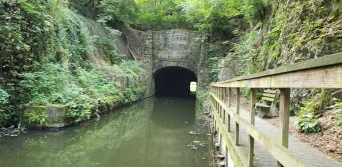 A serene canal scene with a dark tunnel entrance, surrounded by lush greenery and a wooden walkway.