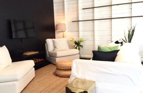 Cozy living room with white furniture, a black accent wall, and a woven rug, featuring plants and a TV.