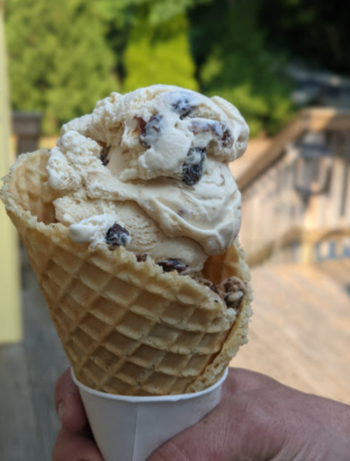A hand holding a waffle cone filled with creamy ice cream and chocolate chunks, set against a blurred outdoor background.