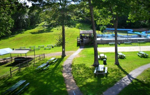 A sunny park with green grass, picnic tables, trees, and a swimming pool in the background.