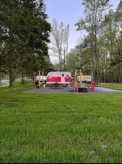 A scenic campsite with vintage trailers, picnic tables, and a fire pit surrounded by lush green grass and trees.