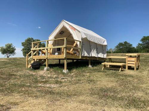 A glamping tent on a wooden platform, surrounded by grass and trees under a clear blue sky.