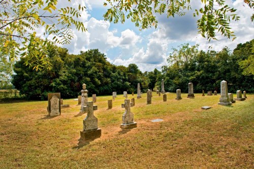 A serene cemetery with various gravestones under a cloudy sky, surrounded by trees and grassy areas.
