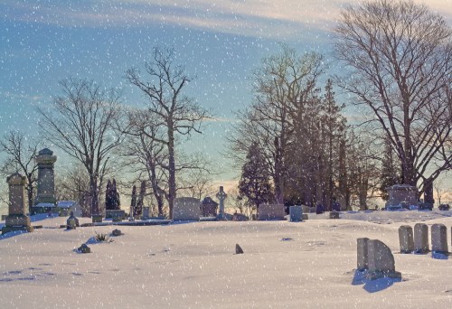 A snowy cemetery scene with gravestones and bare trees under a clear blue sky. Snowflakes gently fall.