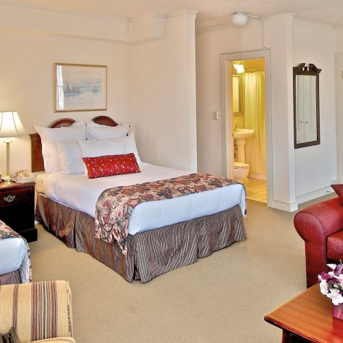 Cozy hotel room featuring a queen bed, seating area, and an adjoining bathroom. Warm colors and inviting decor.