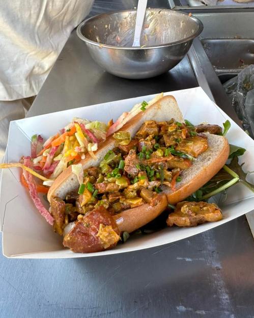 A hot dog bun filled with chopped meat and toppings, served with a side of colorful slaw on a metal countertop.