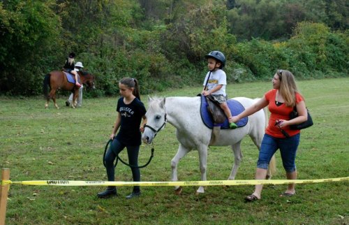 A child rides a pony led by an adult, while another child rides a horse in the background on a grassy field.