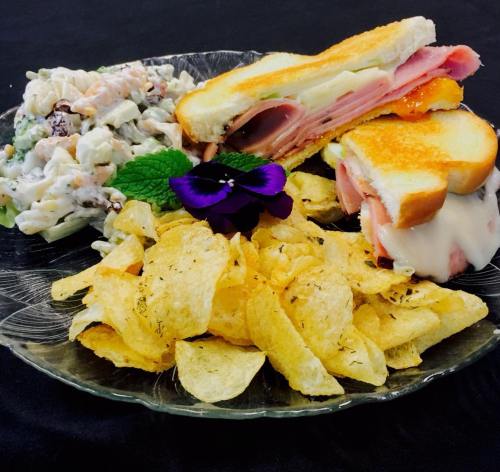 A plate featuring a toasted sandwich with ham and cheese, a side of creamy pasta salad, and crispy potato chips.