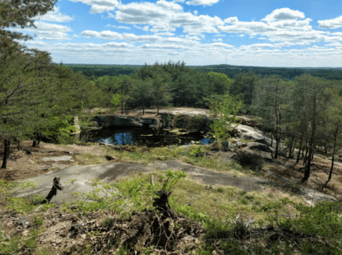 A scenic view of a pond surrounded by trees and rocky terrain under a bright blue sky with fluffy clouds.