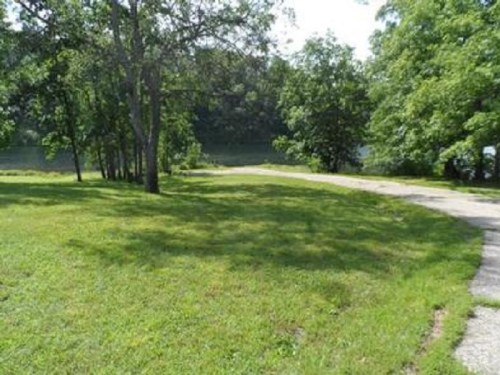 A grassy area with trees and a winding path leading towards a river in the background on a sunny day.