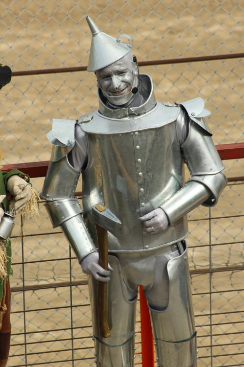 A metallic figure resembling a tin man stands with a hammer, set against a background of a fenced area.