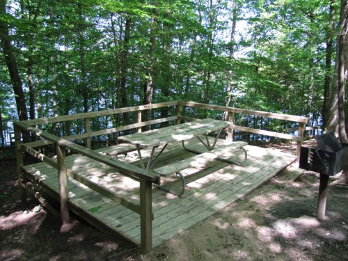 A wooden picnic area with a table and grill, surrounded by trees near a body of water.