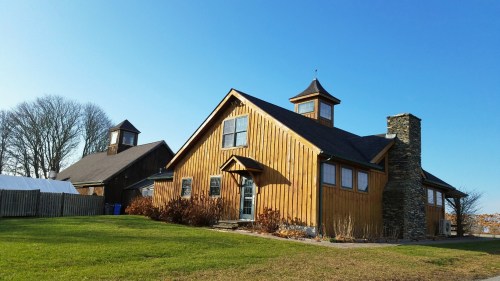 A wooden house with a stone chimney, surrounded by green grass and trees, under a clear blue sky.