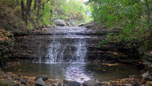 A serene waterfall cascades over rocky ledges into a calm pool, surrounded by lush green trees and autumn leaves.