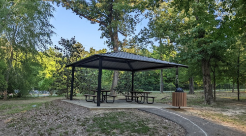 A shaded picnic area with tables under a metal roof, surrounded by trees in a park.