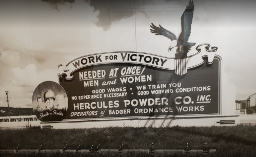 Black and white photo of a vintage recruitment sign for Hercules Powder Co., seeking men and women for wartime jobs.