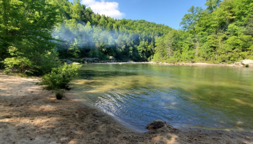 A serene river scene with sandy banks, surrounded by lush green trees and a clear blue sky.