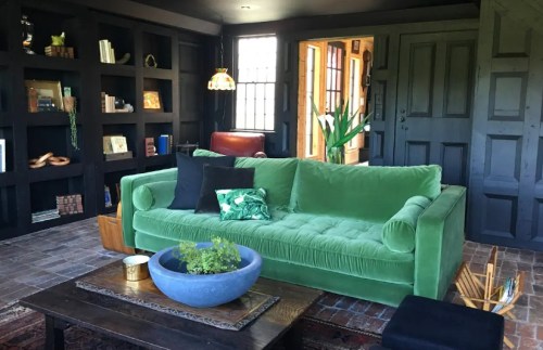 Cozy living room with a green velvet sofa, wooden shelves, a coffee table, and plants in a bowl. Warm, inviting atmosphere.