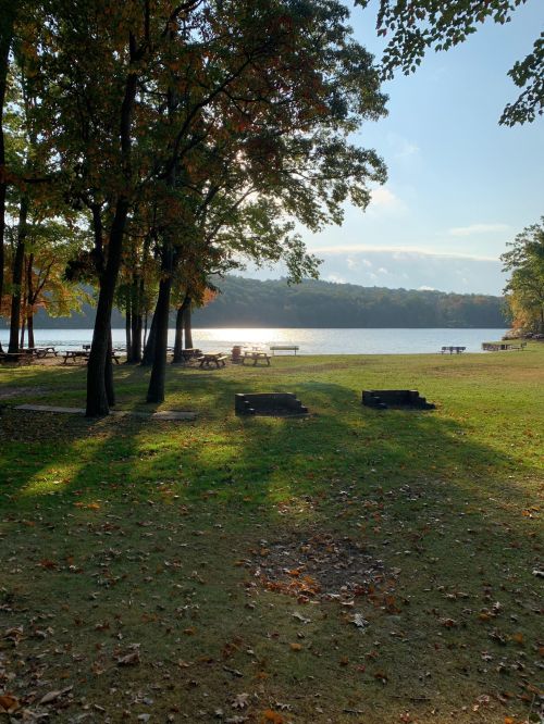 A serene lakeside view with trees, picnic tables, and a calm water surface reflecting the sky.