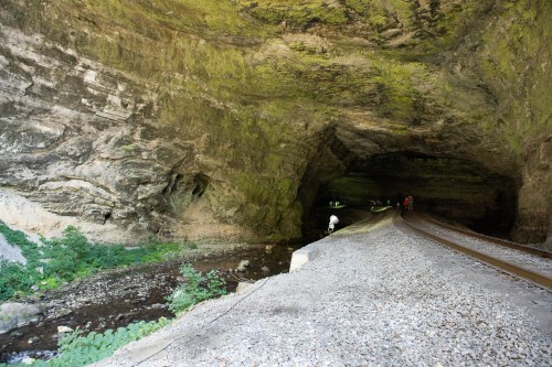A view of a cave with a railway track, surrounded by rocky walls and greenery, with people working in the distance.