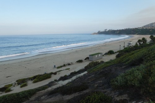 A serene beach scene with gentle waves, a sandy shore, and lush greenery along the coastline under a clear sky.