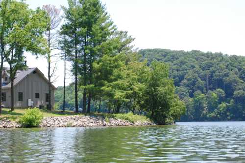 A serene lakeside view featuring a house, trees, and lush green hills under a clear blue sky.