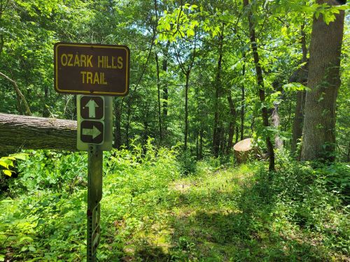 Sign for Ozark Hills Trail surrounded by lush green foliage and trees on a sunny day.