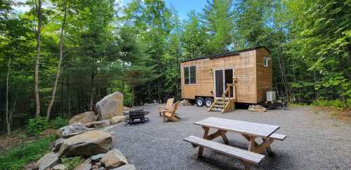 A tiny house on wheels surrounded by trees, with a picnic table, fire pit, and rocky landscape.