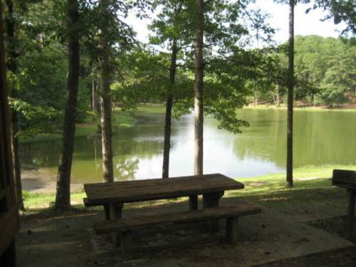 A serene lake surrounded by trees, with a wooden picnic table in the foreground.