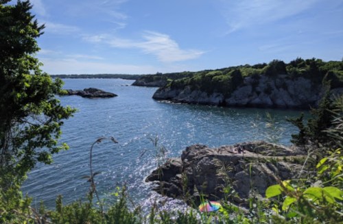 A serene coastal view with rocky shores, lush greenery, and calm blue waters under a clear sky.