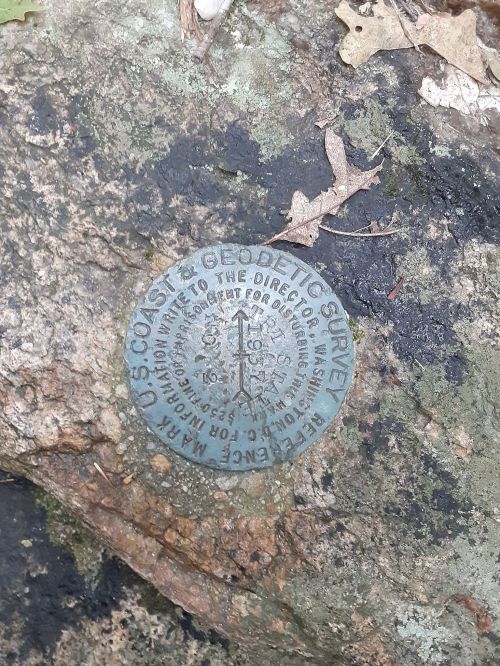 A metal survey marker embedded in a rock, inscribed with "U.S. Coast & Geodetic Survey" and other details.
