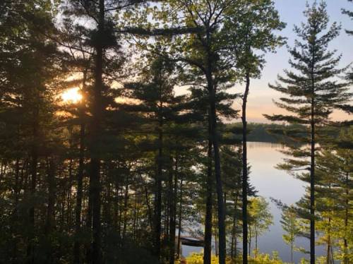 Sunset over a calm lake, framed by tall trees and a serene forest landscape.